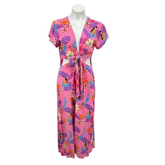 XIX Palms Hawaii Dress Kohala Cut Out Maxi Large Womens Pink Tropical Resort - Picture 1 of 13
